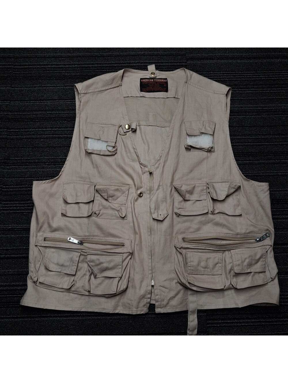 American Fisherman Fishing Vest Mens Large Khaki Cotton Multi Pocket Utility